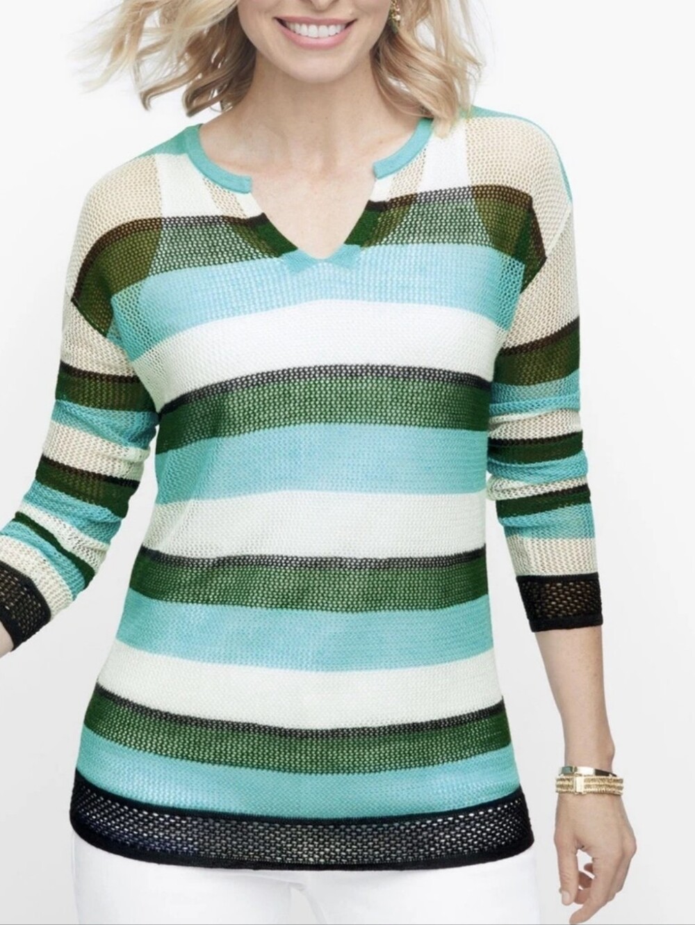 Talbots Open Knit Sweater Green Turquoise Cream Block Stripes Nautical Coastal L